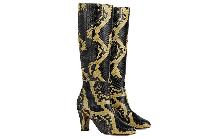 Order (W) グッチ レザー ハイ トップ ブーツ (黒/黄) 740069-EAANP-1603