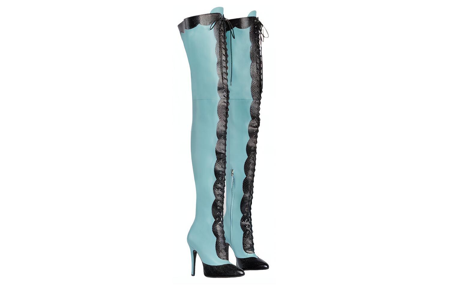 Lookbook GUCCI 古馳 皮革 時尚系帶 高筒靴 11cm 女款 淺藍色