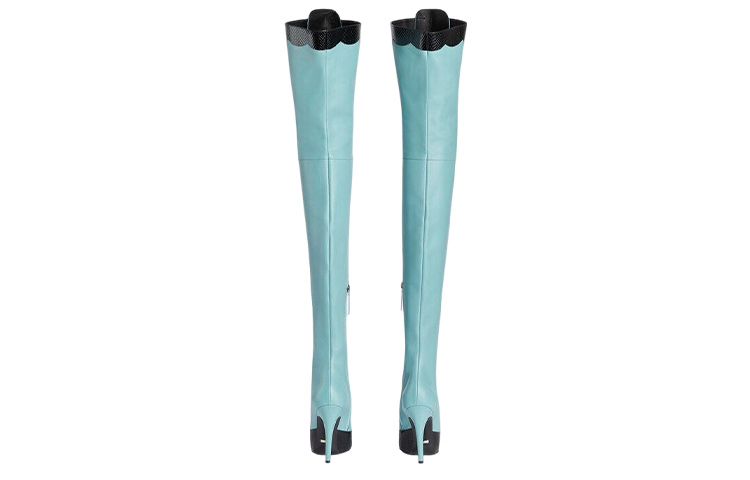 Shop GUCCI 古馳 皮革 時尚系帶 高筒靴 11cm 女款 淺藍色