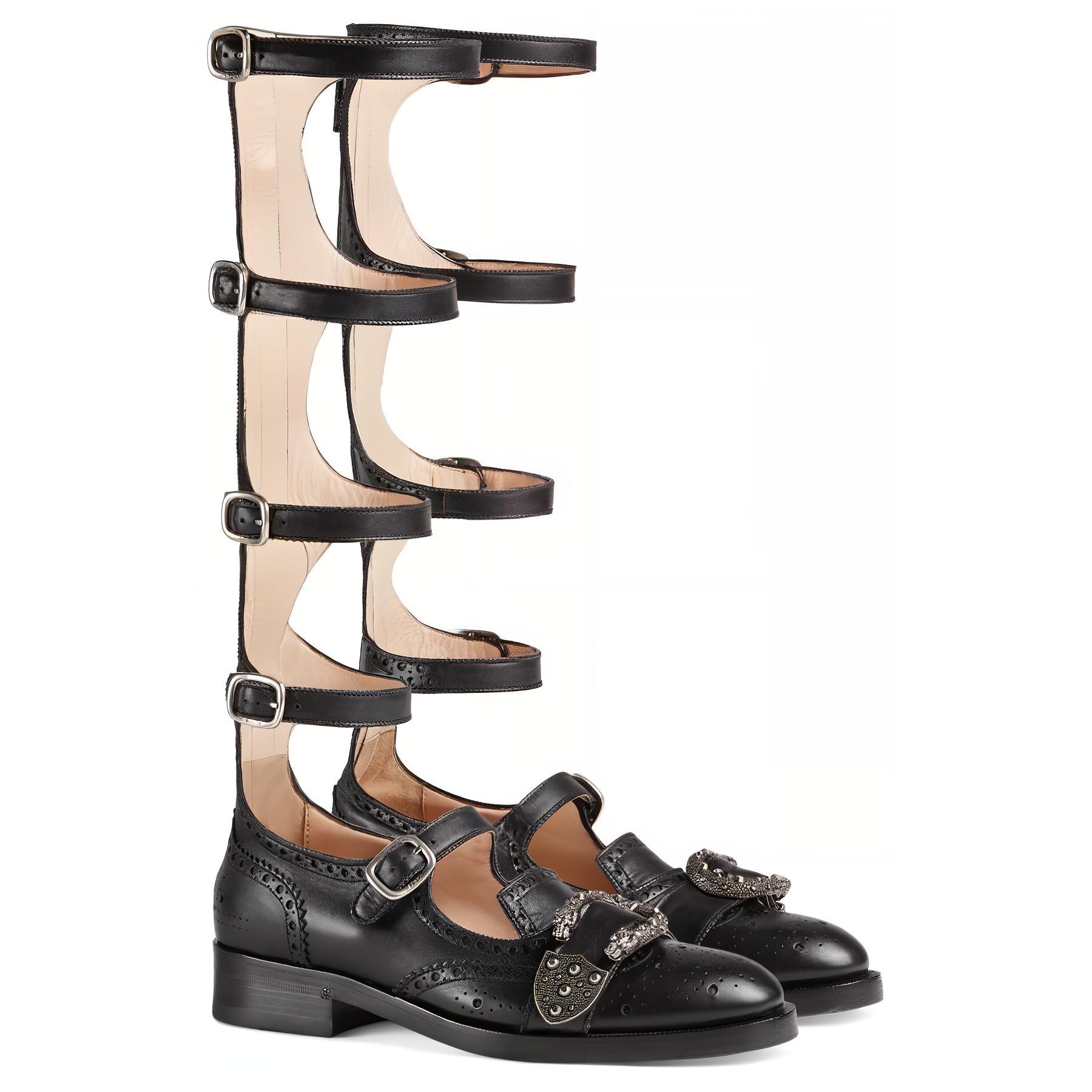 Shop (Women) Gucci Leather High-Top with Double Tiger Buckle 'Black' 452899-A3N00-1000