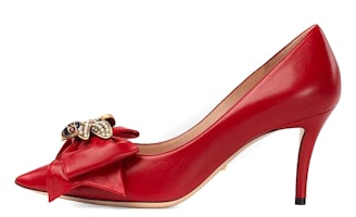 (Women) Gucci Leather High Heel 'Red Bow' 496641-BKO00-6433 (Women) Gucci Leather High Heel 'Red Bow' 496641-BKO00-6433