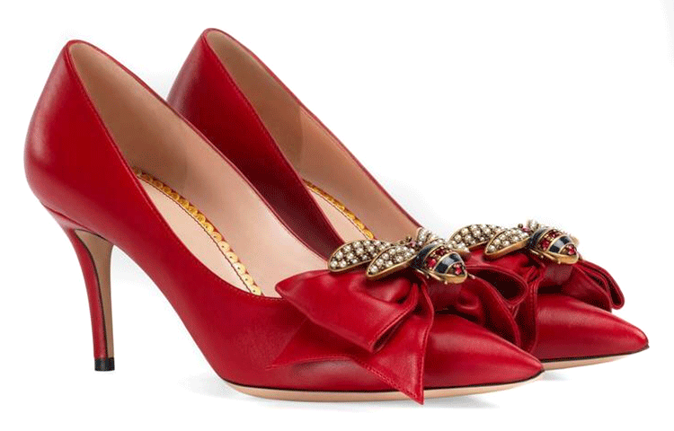 Order (W) Gucci Kasut Tumit Tinggi Kulit 'Red Bow' 496641-BKO00-6433