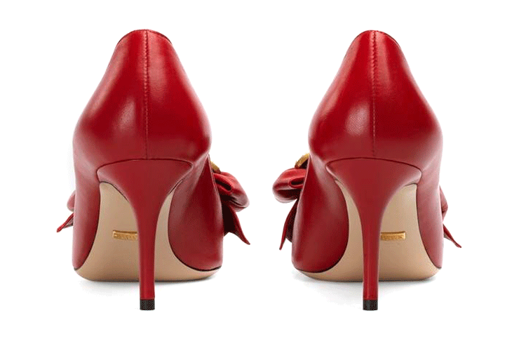 Shop (W) Gucci Kasut Tumit Tinggi Kulit 'Red Bow' 496641-BKO00-6433