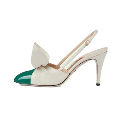 (W) Gucci 85mm Bow Slingback Pumps White Green 'Beige'