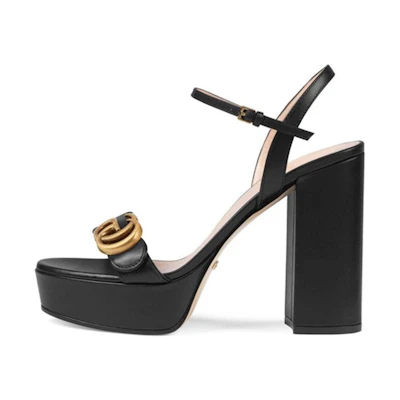 (W) Gucci Leather High Heel Platform Sandals Double G 'Black'