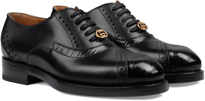 GUCCI古馳 皮革 布洛克圓頭繫帶 女士休閒單鞋 女款 黑色 Lookbook GUCCI古馳 皮革 布洛克圓頭繫帶 女士休閒單鞋 女款 黑色