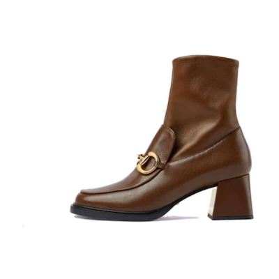 (W) Gucci Leather Lace-Up Round Toe Chunky Heel Boot 'Brown'