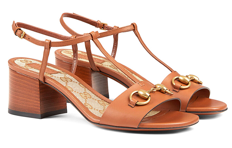 Order (W) グッチ レザー ミドルヒール サンダル (ブラウン) 384826-A3N00-2535