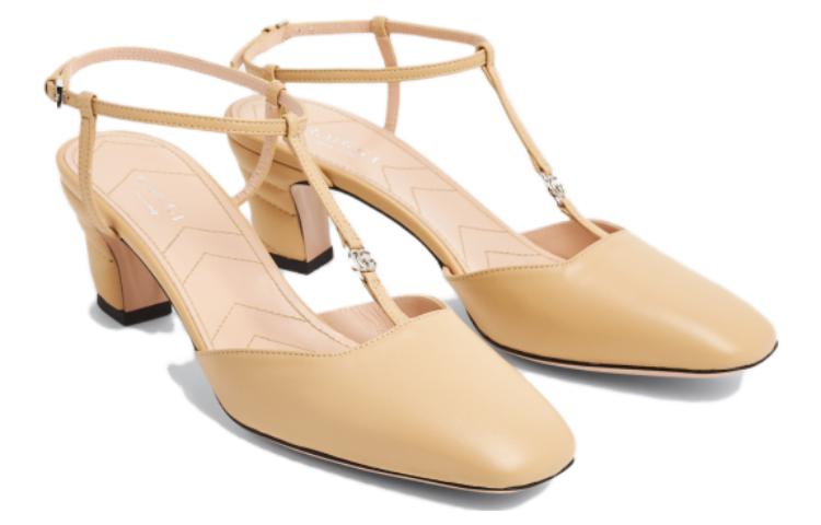 Lookbook (W) Gucci Kulit Mule Heels Chunky Gesper 'Beige' 723446-BKO00-9702