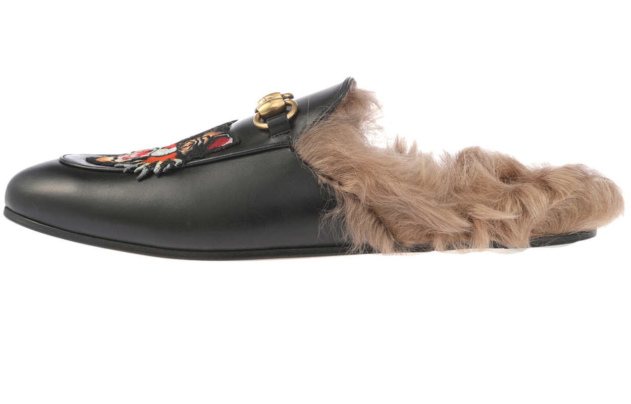 Gucci Tiger Head Embroidered Leather One Pedal Flat Shoes Black Fleece Lined 478285-DKHH0-1063