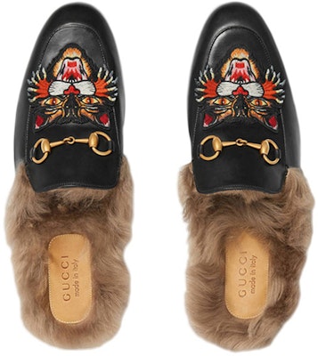 Gucci Tiger Head Embroidered Leather One Pedal Flat Shoes Black Fleece Lined 478285-DKHH0-1063 Purchase Gucci Tiger Head Embroidered Leather One Pedal Flat Shoes Black Fleece Lined 478285-DKHH0-1063