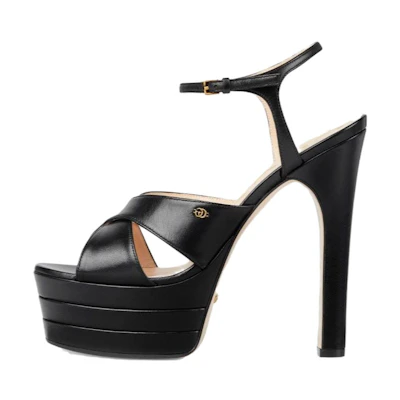 (W) Gucci Leather Open-Toe Buckle Chunky-Heel Sandals 'Black'