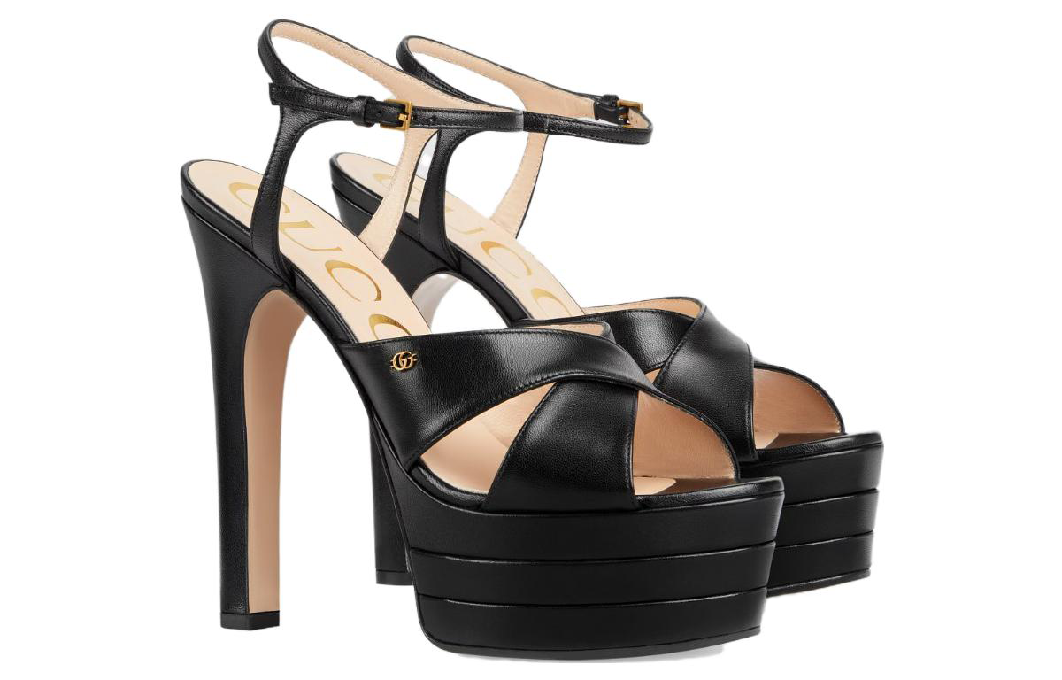 (W) Gucci Leather Open-Toe Buckle Chunky-Heel Sandals 'Black' 圖 5