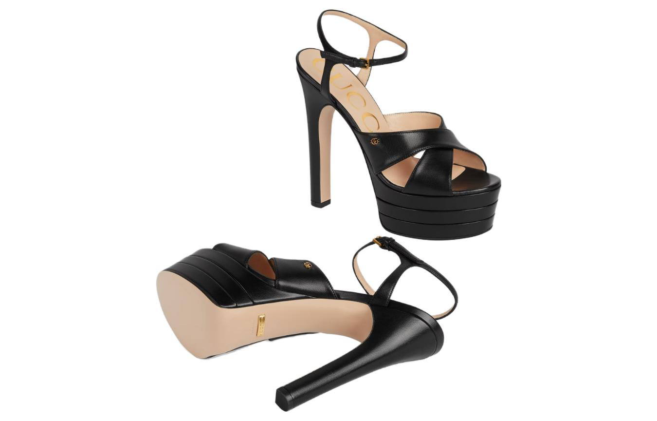 (W) Gucci Leather Open-Toe Buckle Chunky-Heel Sandals 'Black' 圖 6