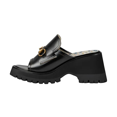 (W) Gucci Leather Platform Slide 'Black Horsebit'