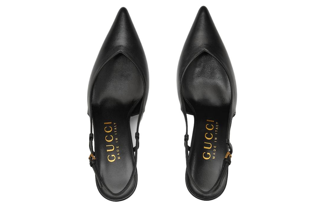 Shop GUCCI古馳 皮革 尖頭配扣 細跟 高筒鞋 女款 黑色