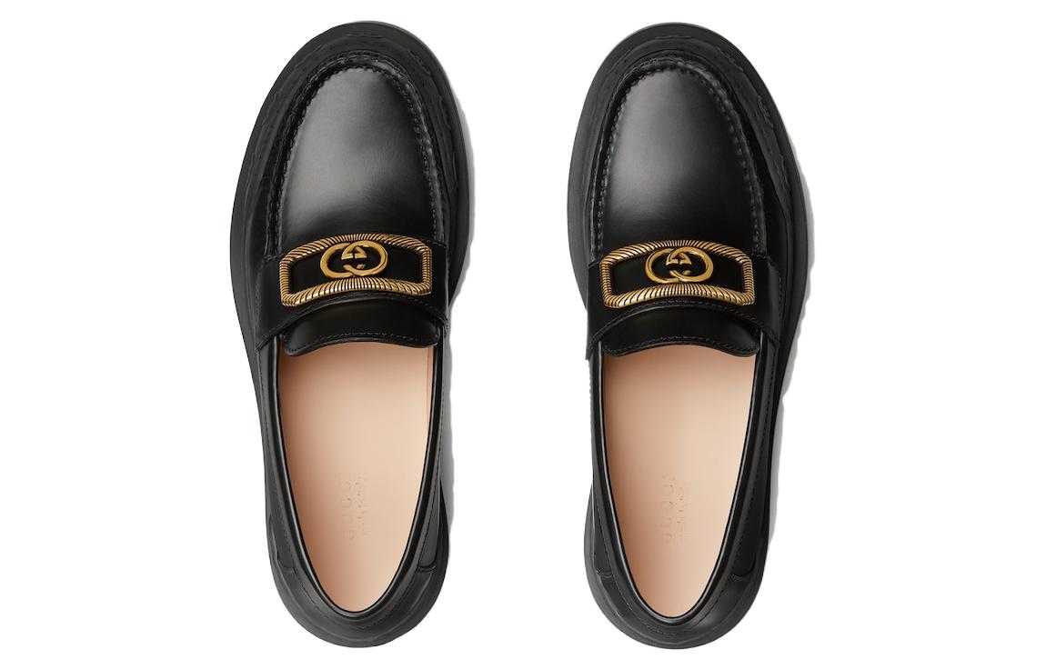 Shop (W) グッチ レザー ラウンドトゥ ローファー (ブラック) 762238-17X00-1000