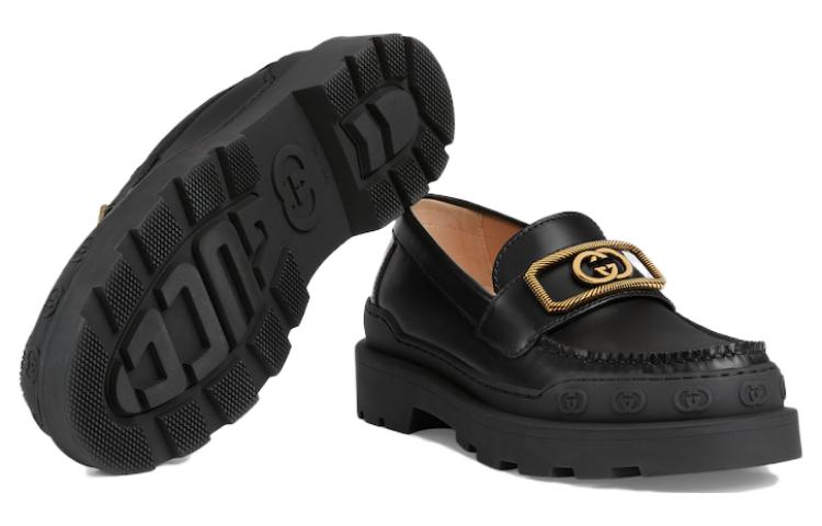 Purchase (W) 古驰黑色圆头皮革乐福鞋 762238-17X00-1000