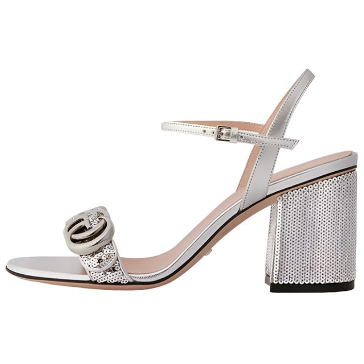 Buy (W) 古驰银色Logo皮革凉鞋 646554-2MO70-8174