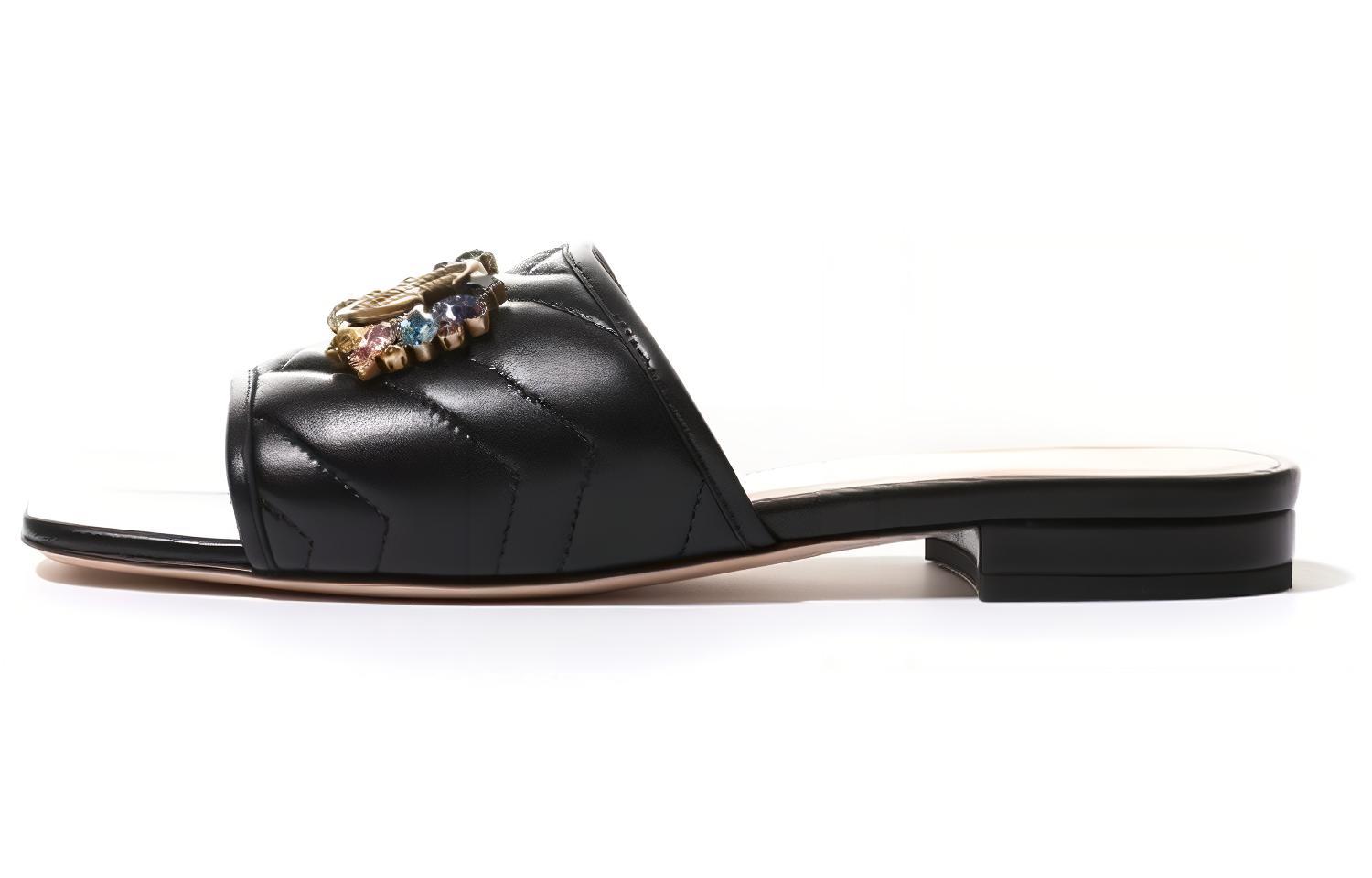 Buy GUCCI古馳 皮革 套穿平底 一字拖鞋 女式 黑色