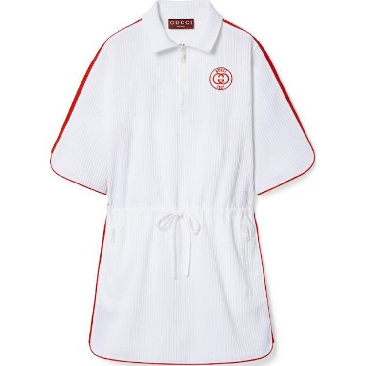 (Women) Gucci Lido Collection Logo Embroidered Zip Short Sleeve Dress Women White 743080-XJGK2-9203