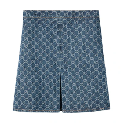 (Women) Gucci Lido FW24 Logo Jacquard Split Denim Skirt Women Blue 791386-XDCZE-4266