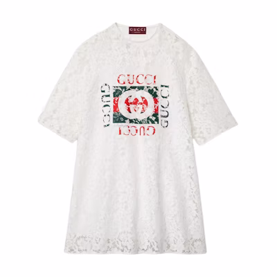 (Women) GUCCI Lido Logo Floral Lace Crewneck Short Sleeve T-Shirt Chalk Color 788990-ZAQP7-9799