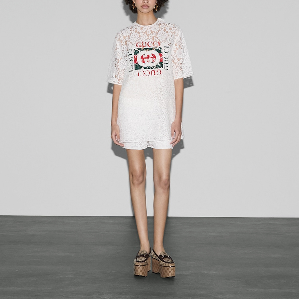 (Women) GUCCI Lido Logo Floral Lace Crewneck Short Sleeve T-Shirt  Chalk Color 788990-ZAQP7-9799 圖 3