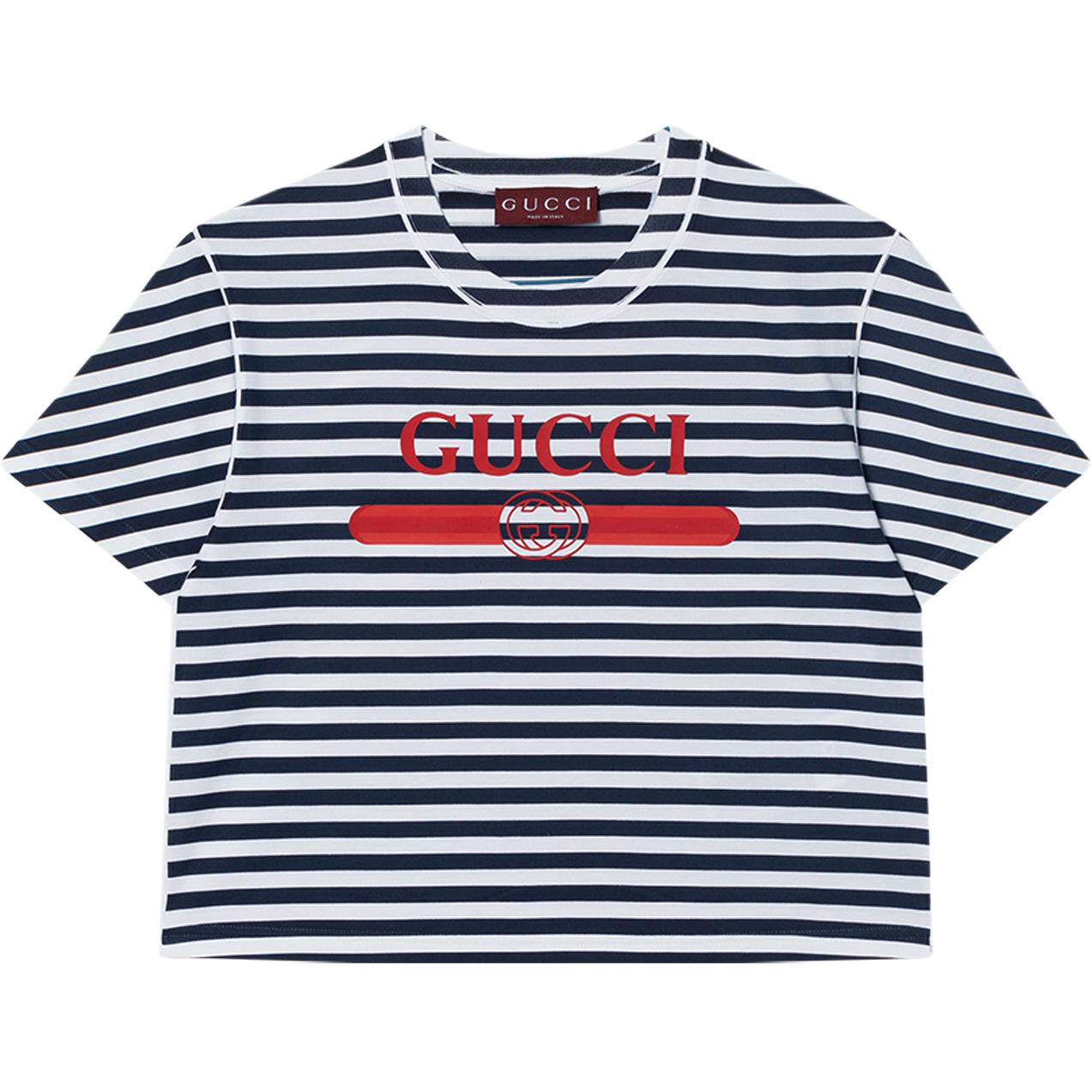 (Women) Gucci Lido Logo Print Striped Knit Short Sleeve T-Shirt Grey 789314-XJGL9-9074