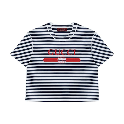 (Women) Gucci Lido Logo Print Striped Knit Short Sleeve T-Shirt Grey 789314-XJGL9-9074