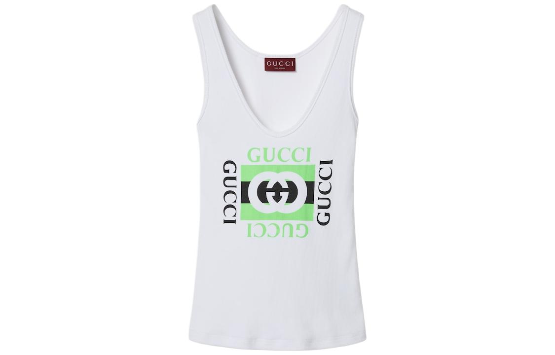 (Women) Gucci Lido Series White V-Neck Logo Print Tank Top 790344-XJGL4-9669