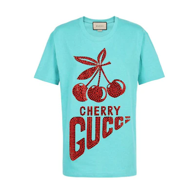 (Women) Gucci Light Blue Crystal Logo Print Short Sleeve T-Shirt 615044-XJDZ2-3289