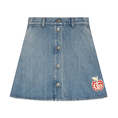 (Women) Gucci Light Blue Denim Skirt with Apple Print Buttons 663894-XDBP2-4452