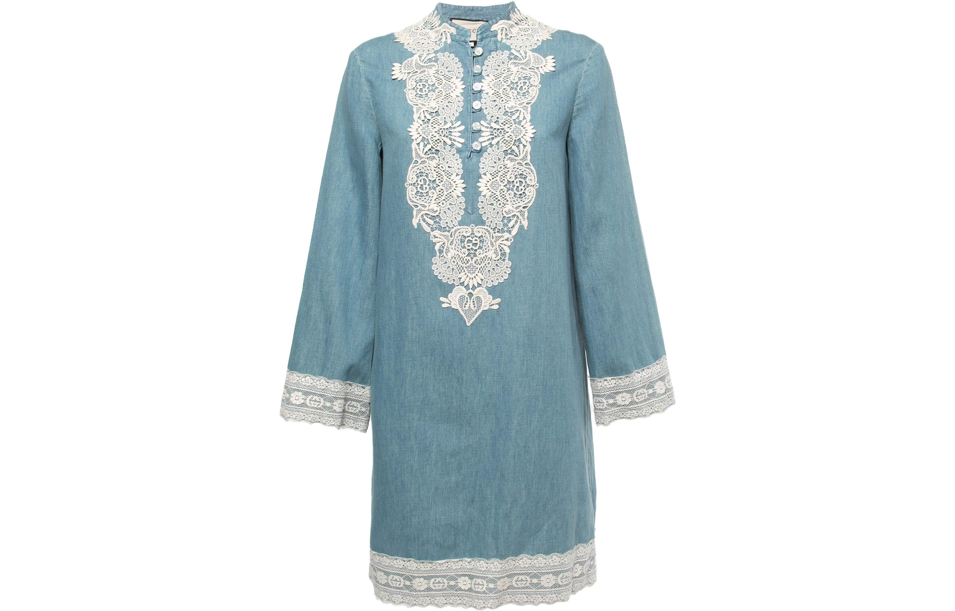 (Women) Gucci Light Blue Lace Trim Button Straight Long-Sleeve Dress 605560-XDA0I-4492