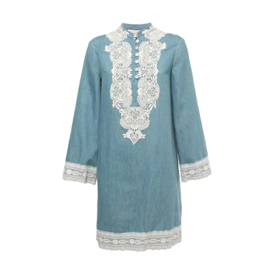 (Women) Gucci Light Blue Lace Trim Button Straight Long-Sleeve Dress 605560-XDA0I-4492