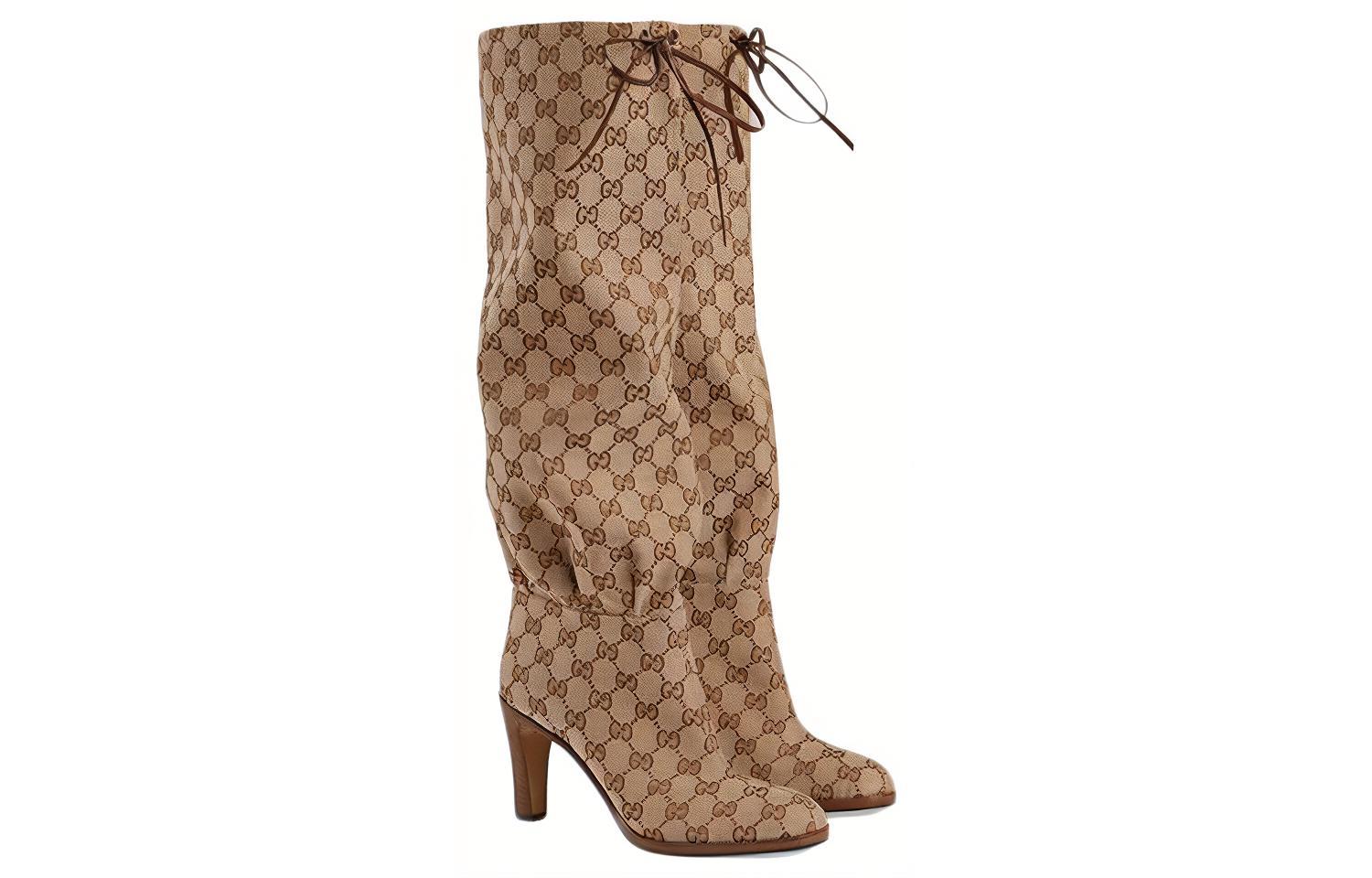 Order (W) グッチ リサ GGキャンバス ミドルヒールブーツ (ベージュ/エボニー) 551149-KY9V0-9770
