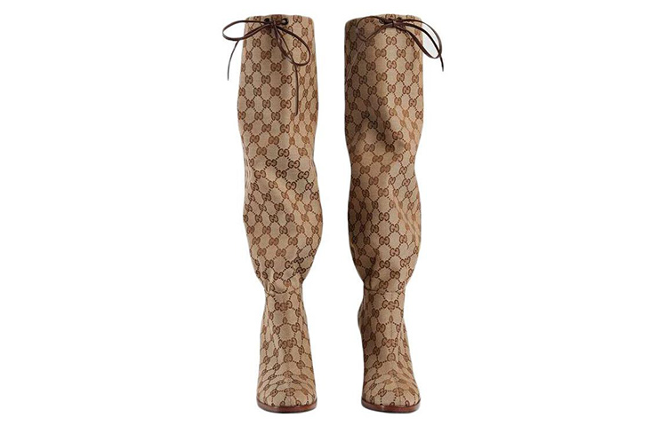 Lookbook (W) グッチ リサ GGキャンバス ミドルヒールブーツ (ベージュ/エボニー) 551149-KY9V0-9770