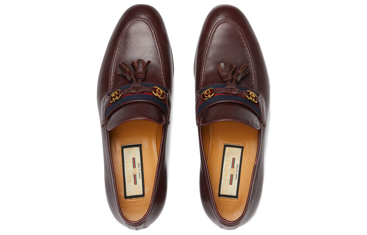 Lookbook GUCCI 古馳 編織帶和互扣式雙G女士樂福鞋 皮革 酒紅色 女款