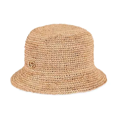 (Women) GUCCI Logo Beige Raffia Straw Cotton Bucket Hat 5535743HE44