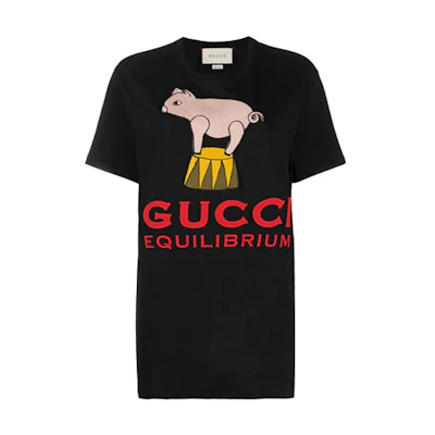 (Women) Gucci Logo Cartoon Pig Print Black Short Sleeve T-shirt for Women 615044-XJCRI-1082