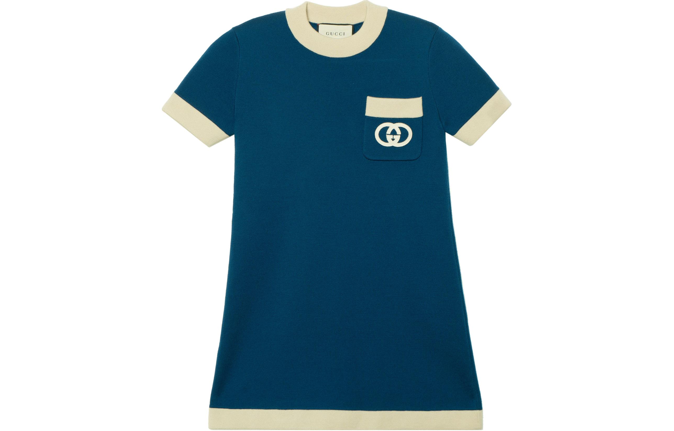 (Women) Gucci Logo Colorblock Crew Neck Short Sleeve Dress Blue 606015-XKA4A-4492