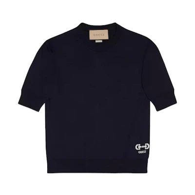 (Women) GUCCI Logo Crewneck Knitted T-Shirt Deep Navy Blue. 731061-XKCZ3-4330