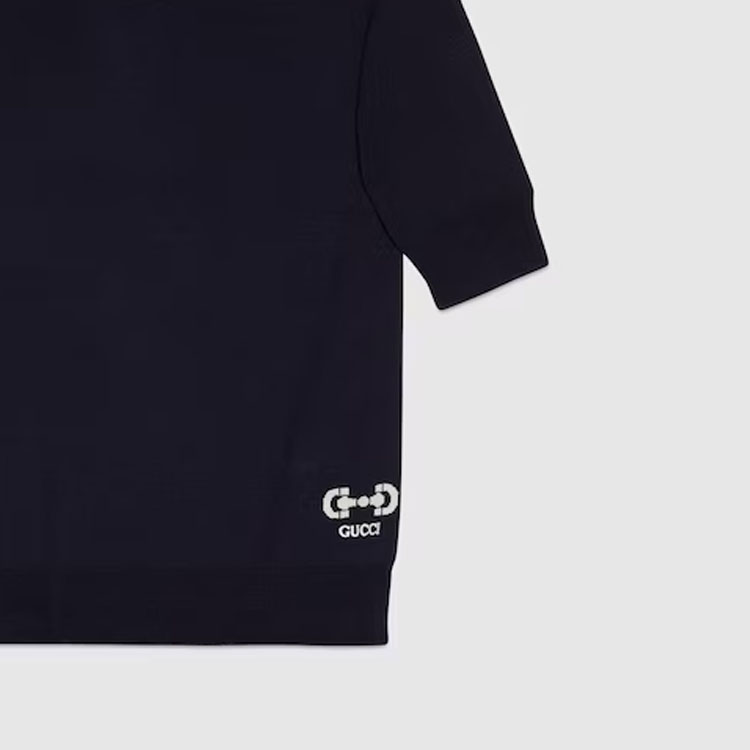 Shop (W) GUCCI Logo Crewneck Kaos Rajut Biru Navy Tua. 731061-XKCZ3-4330