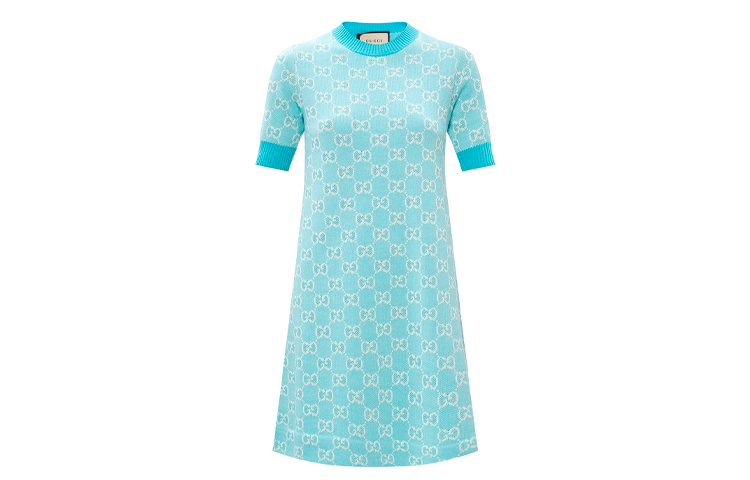 (Women) Gucci Logo Embroidered A-Line Midi T-Shirt Dress Light Blue 629464-XKBHQ-4692