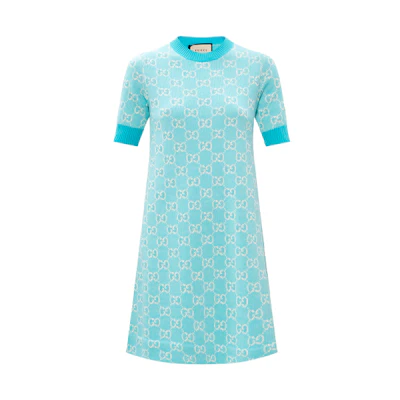 (Women) Gucci Logo Embroidered A-Line Midi T-Shirt Dress Light Blue 629464-XKBHQ-4692