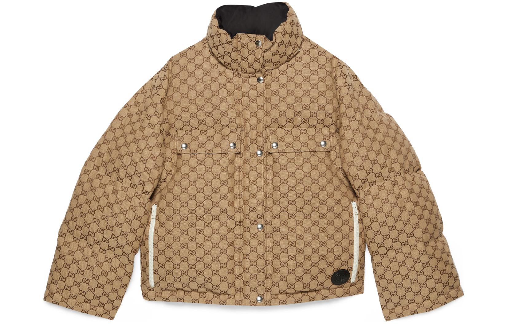 (Women) Gucci Logo Pattern Print Hooded Zip Long Down Jacket Camel 774871-Z9AAR-2184