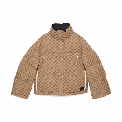 (Women) Gucci Logo Pattern Print Hooded Zip Long Down Jacket Camel 774871-Z9AAR-2184