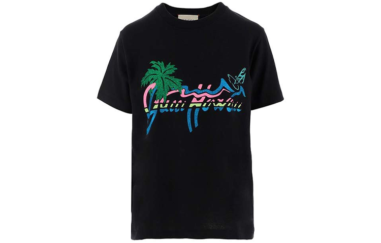 Buy (W) グッチ ロゴプリント ブラック クルーネック Tシャツ 580762-XJCRA-1082