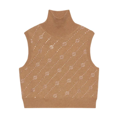 (Women) Gucci Logo Print Sleeveless High-neck T-shirt Khaki 773397-XKDUT-2184