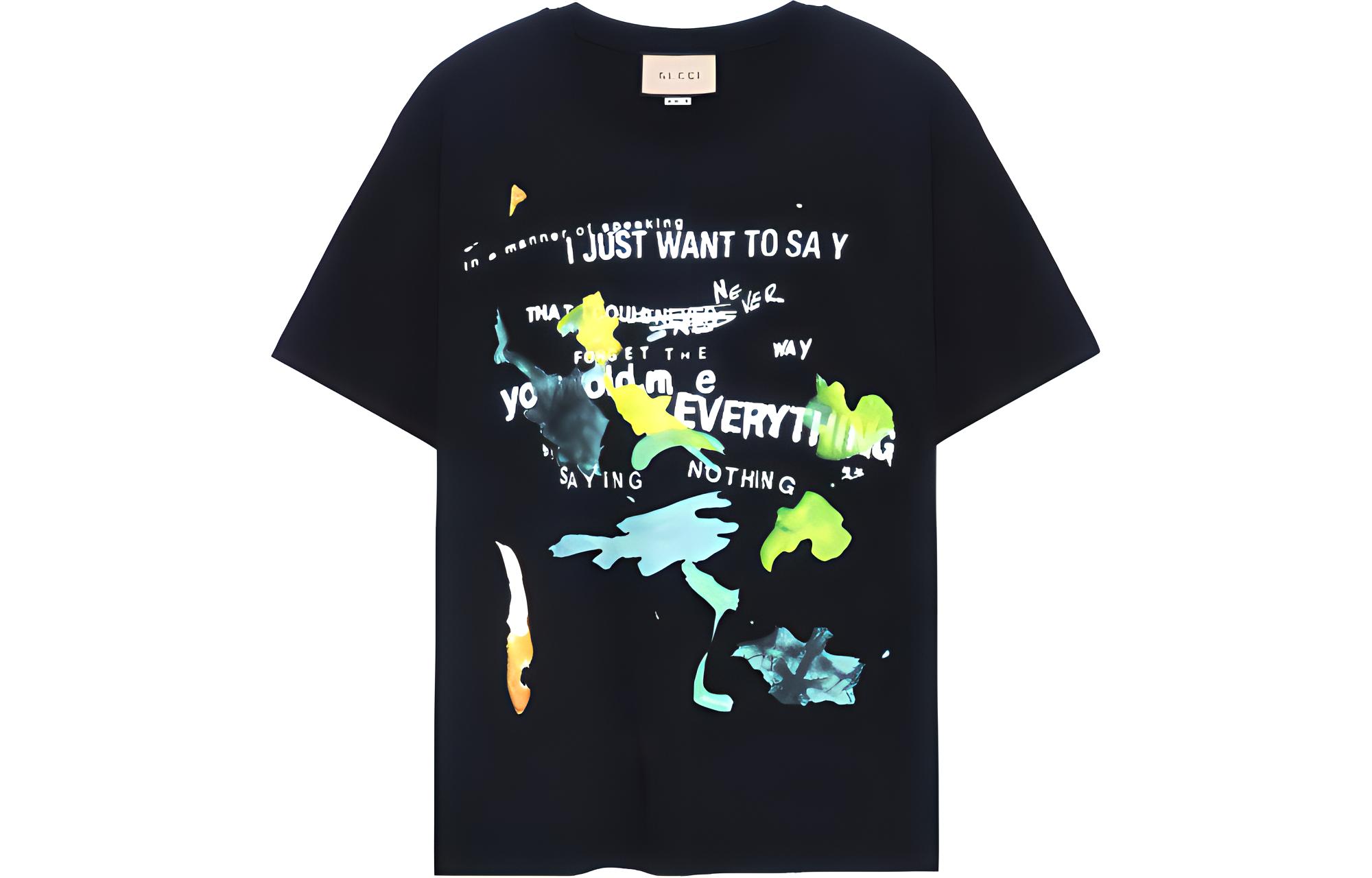 (Women) Gucci Logo Slogan Paint Splash Crewneck T-Shirt Black 616036-XJDQU-1082